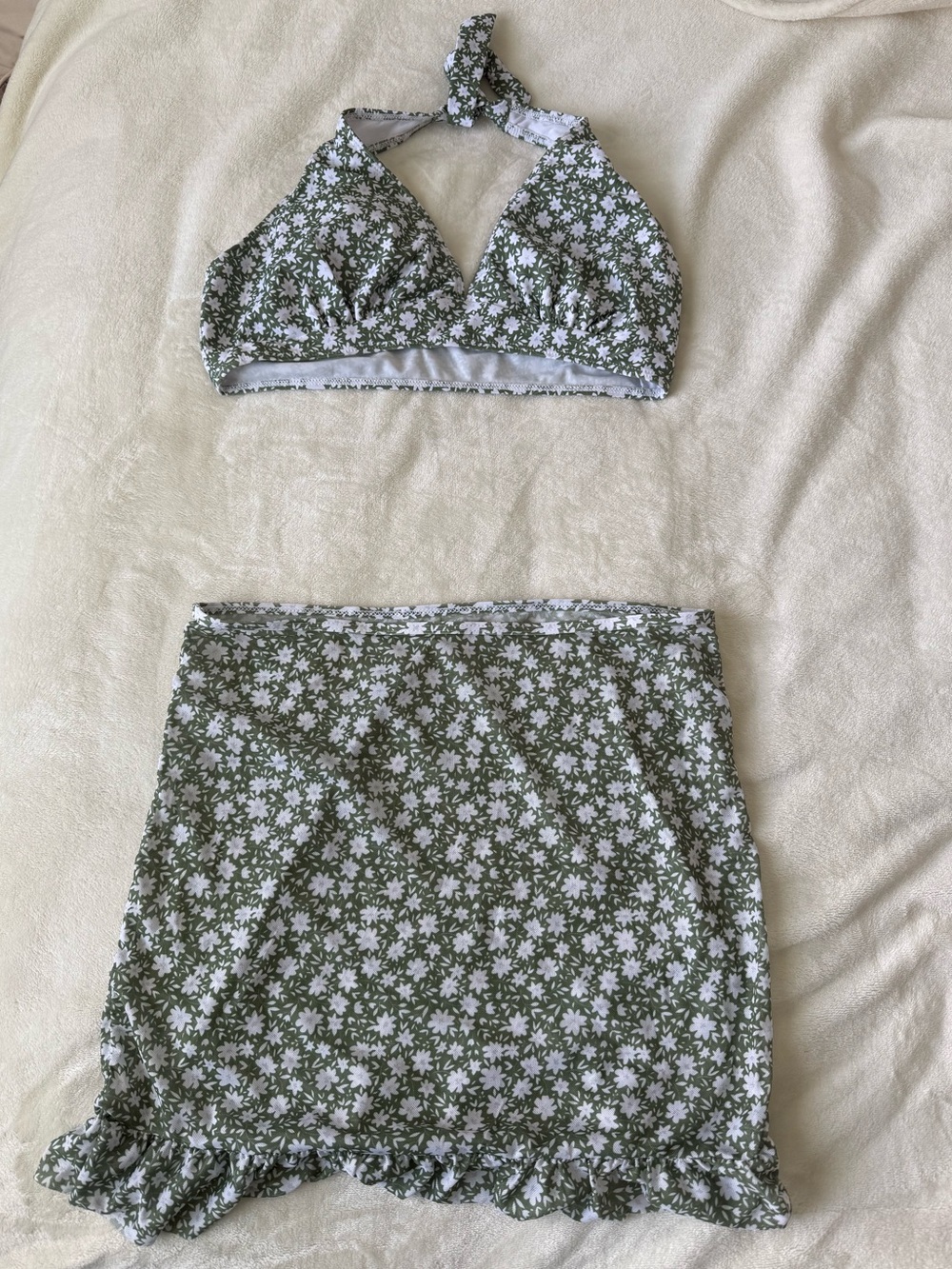 Green Floral Two-Piece Halter Top & Skirt bikini